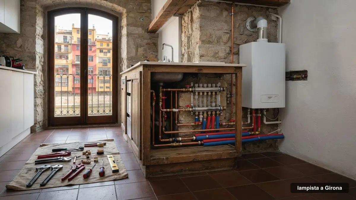 Lampista a Girona reparant una canonada sota la pica