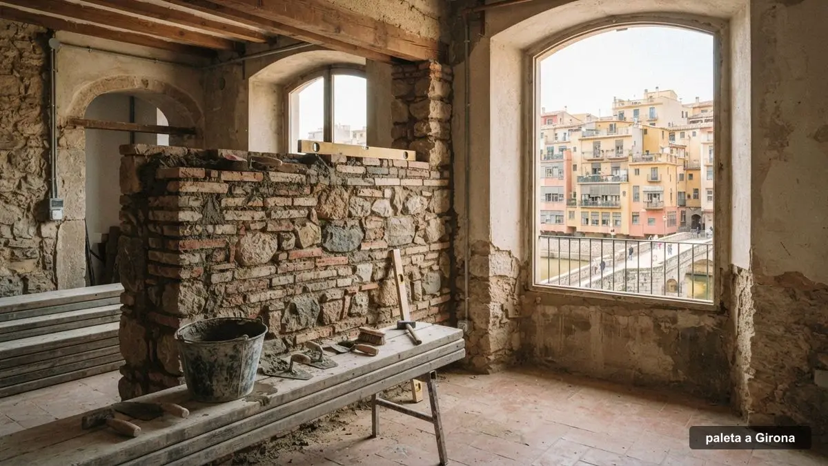 Paleta a Girona aixecant un envà en una reforma de pis